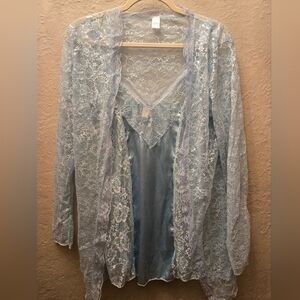 Vintage Elegant Moments Blue Lace Slip Dress & Sheer Robe Set Y2K Coquette L